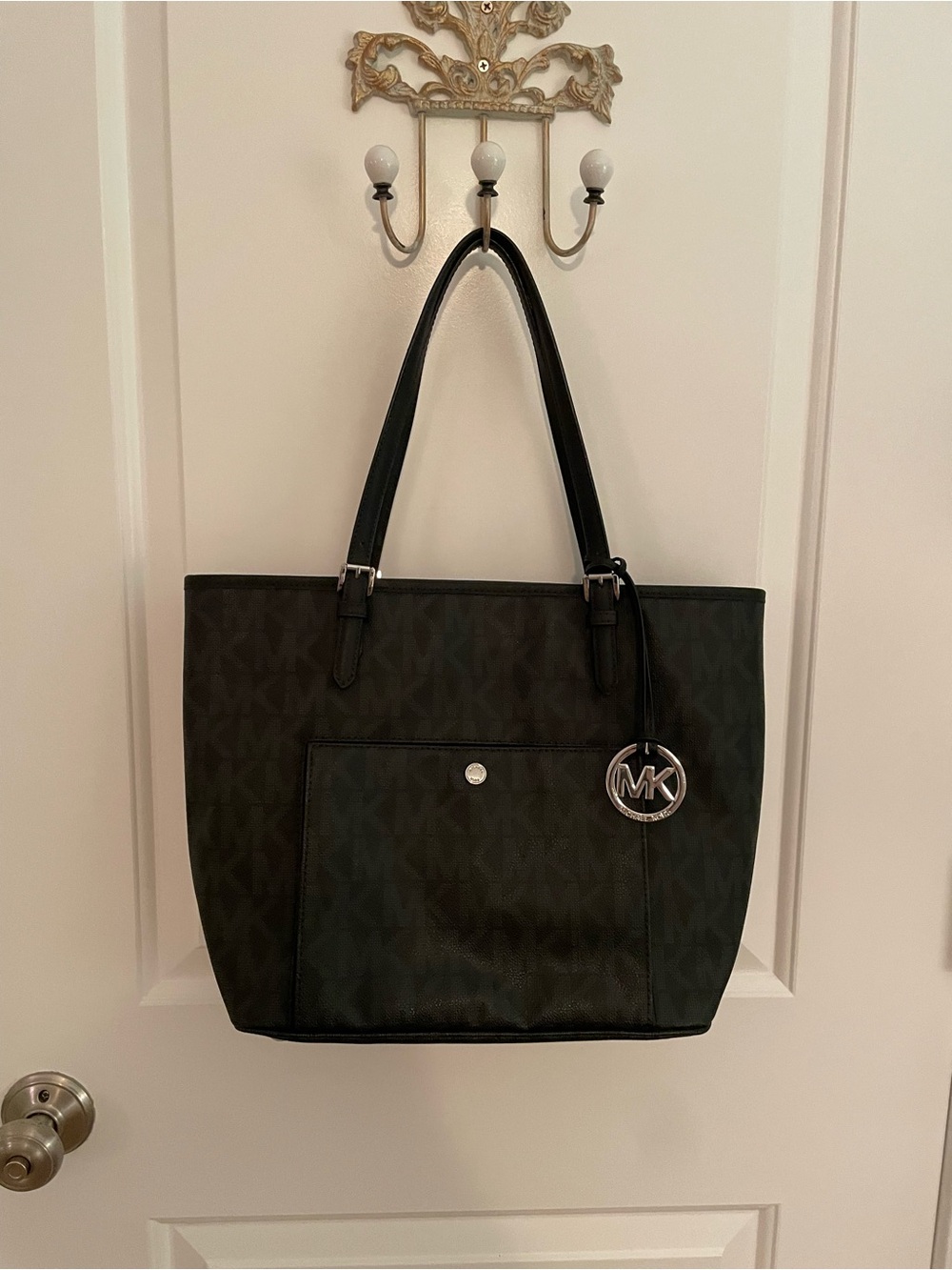 Michael Kors Black Signature MK Tote with Silver Charm